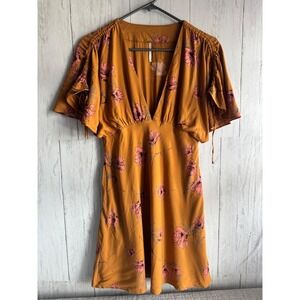 Free People Floral Mini Dress Mustard Yellow Pink V-Neck Flutter Sleeve Size 2